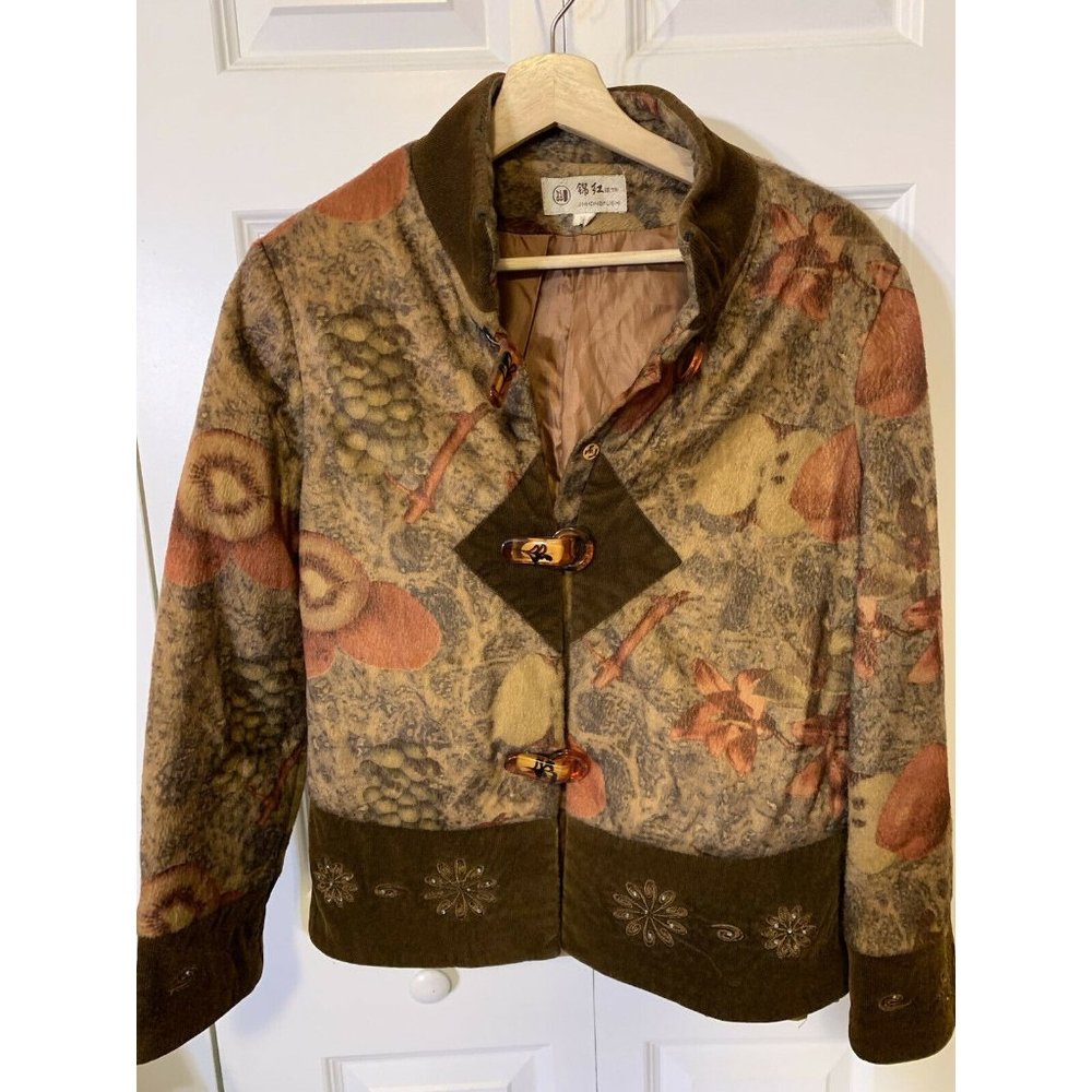 Vintage Blazer Jacket Tapestry Trim Women’s Sz XL brown‎ embroidered